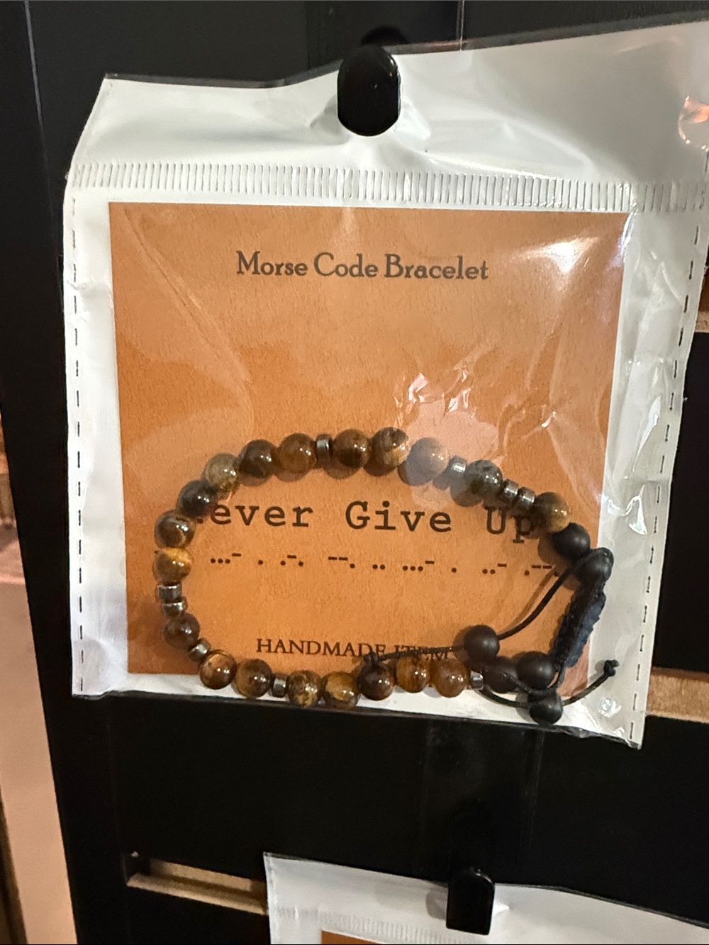 Handmade Brown Morse Code Bracelet – 'Never Give Up'